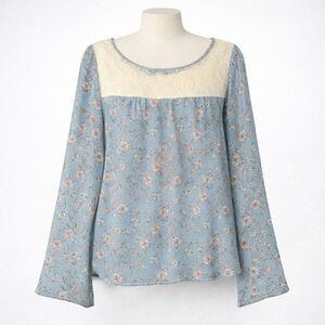 Savannah Rae Blue Floral Lace Yoke Bell Sleeve Blouse Milkmaid Top L Boho Dainty